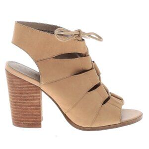 Hinge Drea Peep Toe Tan Nubuck Leather Sandal
